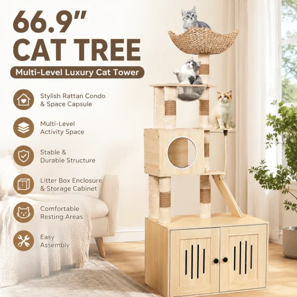 Cat Tree 66inch with Litter Box Enclosure